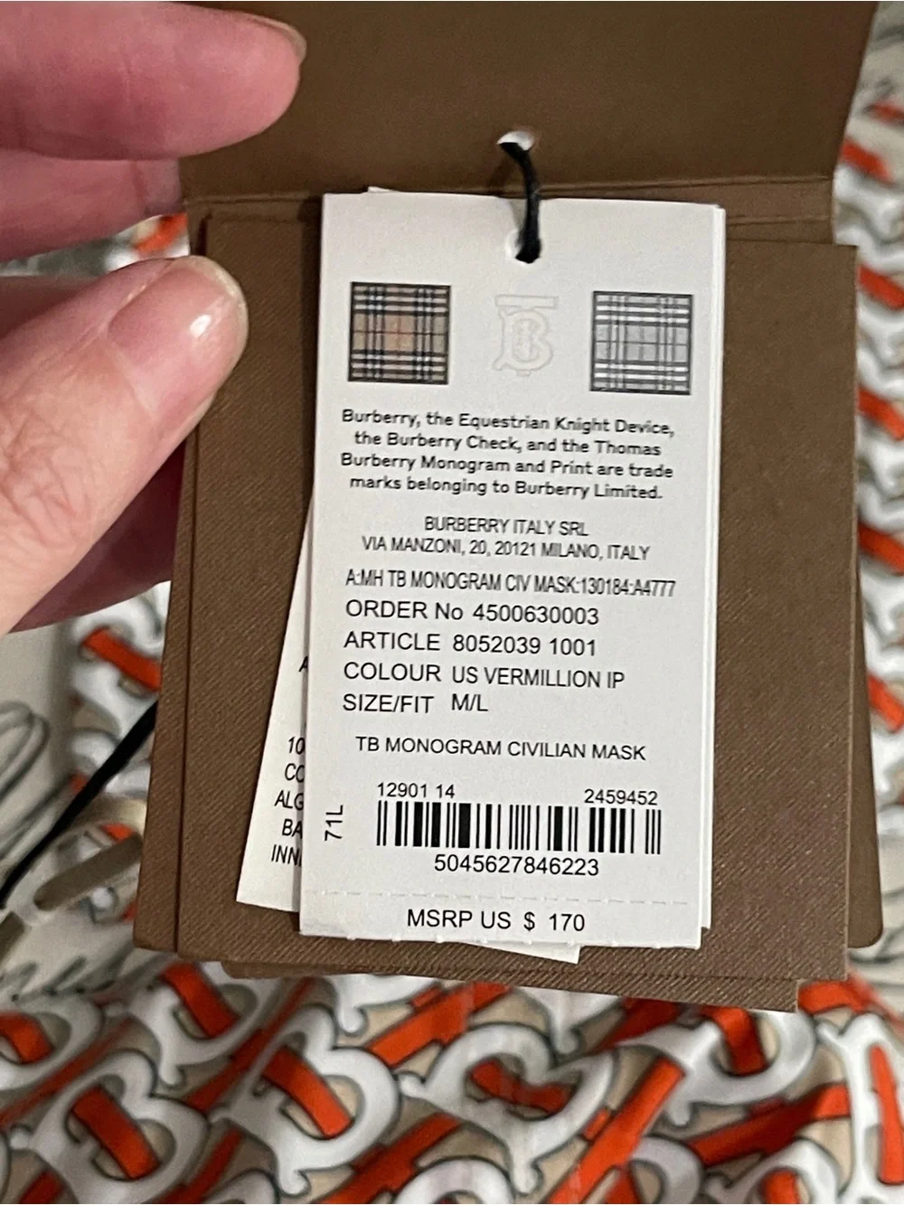 NEW BURBERRY TB Monogram Civilian Mask M/L Orange, White, Brown Sz Med / Large